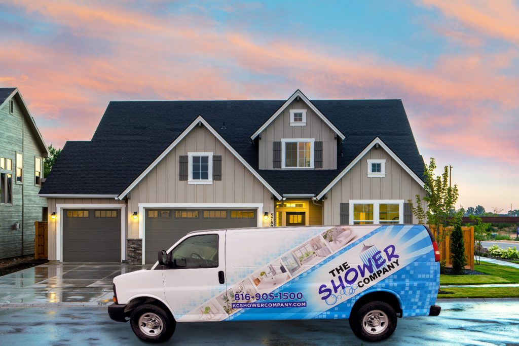 image of the shower company van in front of a house