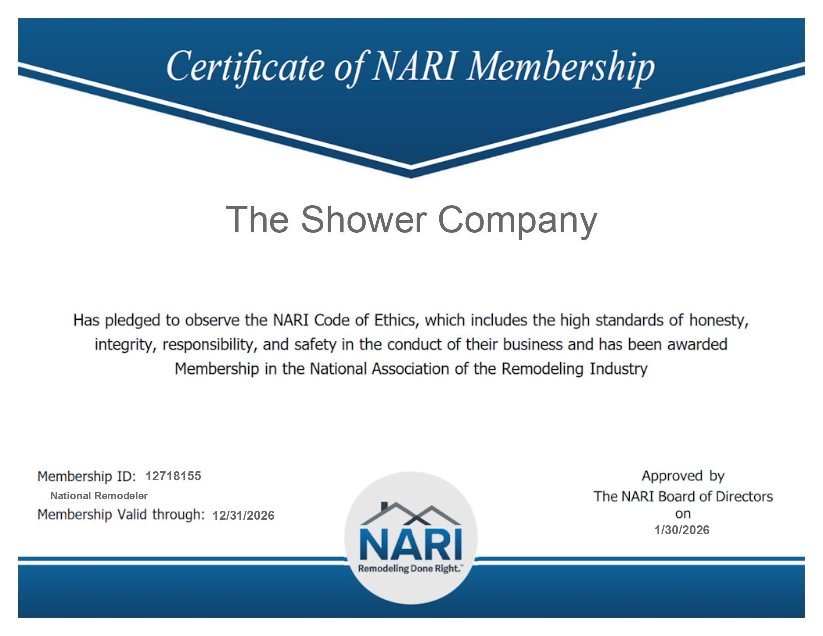 National Association of the Remodeling Industry (NARI) Member Certificate 1